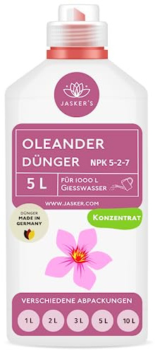 JASKER'S Oleander Dünger flüssig 5 Liter - Konzentrat Dünger Oleander - Mediterraner Pflanzendünger für 1000 Liter Gießwasser - 100% Schnelldünger - Dünger für Oleander - Oleanderdünger