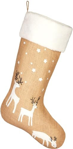 Brubaker Calza di Natale da Riempire e Appendere - Calza di Babbo Natale Grande 52 cm in Juta - Calza Decorativa per Natale e San Nicola - Renna Stelle Bianco