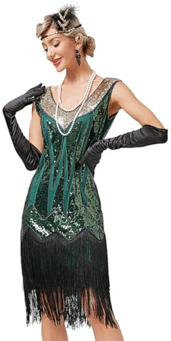 Cicano Vestido vintage de los años 20 para mujer, con lentejuelas, flecos, disfraz de Gatsby, XS