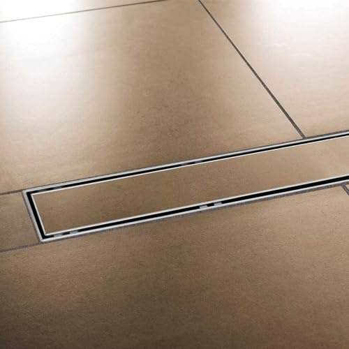 Edelstahl Duschrinne extra flach mit Ablauf & Siphon (120cm, Höhe 53mm) - waagerechter Duschablauf Komplettset befliesbar - Duschabfluss & Duschablaufrinne mit passender Dichtmanschette