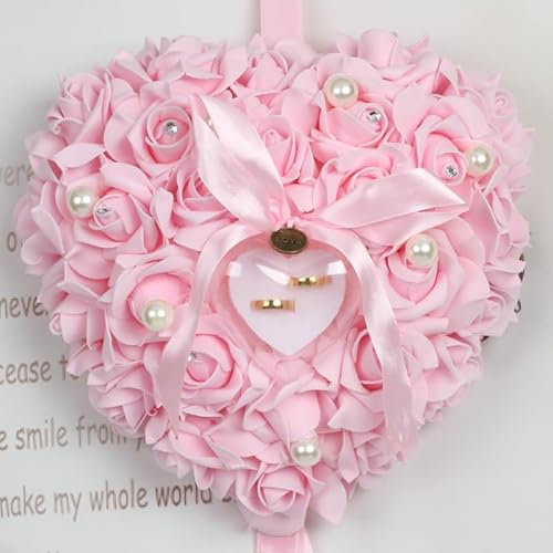 PTNKUIIY Ringkissen Hochzeit - Ringbox Hochzeit Braut Hochzeits Ringkissen Herzform Ring Kissen Box Accessoires Ehering-Kissen Ringhalter für Hochzeits-Accessoires, Valentinstag, Hochzeit -Rosa