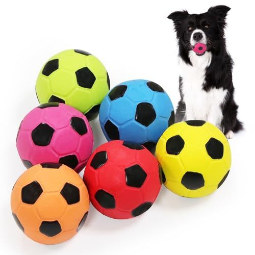LLSPET 2,6 Zoll Quietsch-Fußballspielzeug aus Latex für Hunde, Hundefußballball für kleine, mittelgroße und große Hunde, Fußball in leuchtenden Farben, Kau-, Apportier- und Wurfball, 6 Stück/Set