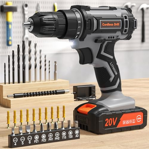 Cordless Drill Set, VIWKO 20V Power Drill with Power Pack 2.0Ah and Charger, 3/8-Inch Keyless Chuck Electric drill, 25+1 Position, 42pcs Drilldriver Bits/Screws for DIY Projects (Black Grey)