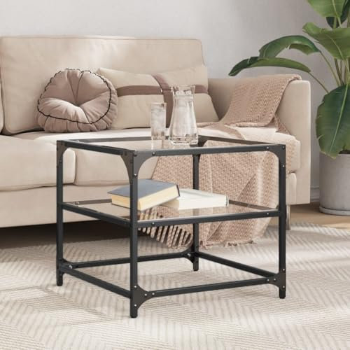 Baziroo Couchtisch mit Glasplatte 50x50x45 cm Kleiner Wartebereich Tisch Telefontisch Satztisch Sofatisch Beistelltisch Wohnzimmertisch Holzwerkstoffe und Stahl und Glas Transparentes Glas