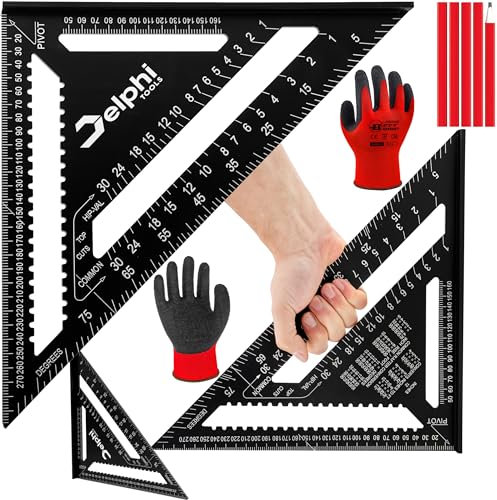 DELPHI Équerre de charpentier 300 mm - Angle de 90 ° - Triangle épais - Rapporteur d'angle pour angle précis - Avec crayons et gants