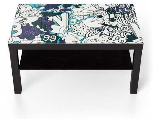 DEQORI Glastisch | schwarz groß 90x50 cm | Motiv Urbaner Doodle-Mix | ausgefallener Beistelltisch aus Glas | Hochglanz Couchtisch fürs Wohnzimmer | moderner Couch Tisch mit Design