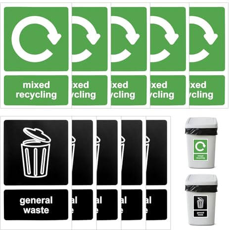 Recycling Bin Stickers, 10 Pack Self Adhesive Bin Labels for Mixed Recycling and General Waste, Waterproof Removable Stickers for Kitchen, Office, Home and Outdoor Bins 155 x 105 mm