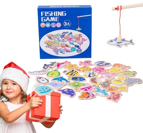 Magnetisches Angelset, magnetisches Angelset aus Holz, bunt, Lernspiel für Kleinkinder, Meerestiere, motorische Fähigkeiten F