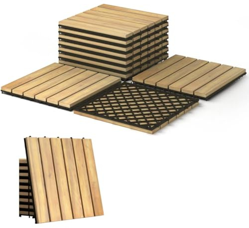 TANGZON 10PCS Acacia Wood Tiles, 30 x 30 cm Interlocking Cuttable Decking Floor Tile with Click System & Drainage Function for Indoor Outdoor Garden Balcony, with Simple Linear Design