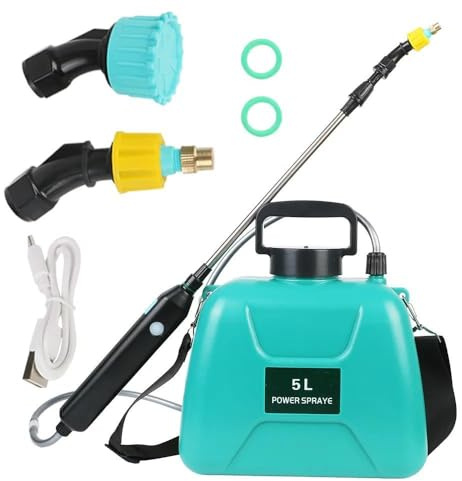 Pulverizador eléctrico portátil de 5/8 l con lanza telescópica – Autonomía 120 min, recargable, carga USB-C (arnés + 3 boquillas) para jardín/plantas (azul-5L-A)