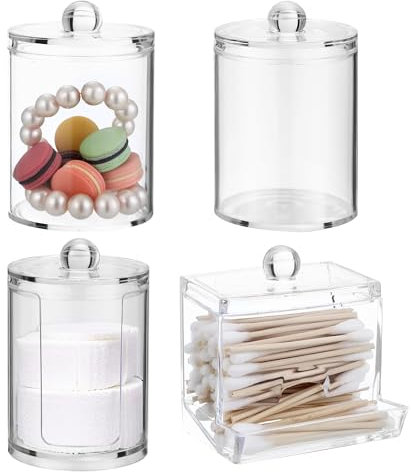 4 Stück Wattestäbchen Behälter,Cotton Buds Container Dispenser,Make-up-Organizer-Set,Wattepadspender zur Aufbewahrung im Schlafzimmer, Bad und Wohnzimmer (Transparente Abdeckung)