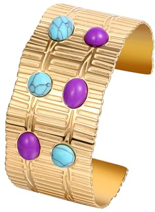 JewelryWe Gold Breit Armreif Damen Edelstahl Chunky Offen Manschette Armreif Armspange mit Zirkonia & Türkis Vintage Boho Groß Verstellbar Armmanschette Handgelenk Armband Stapelbar Schmuck