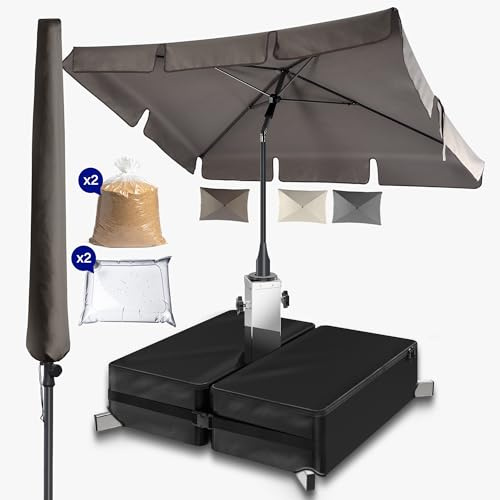Menz Sonnenschirm rechteckig 200 x 125 cm + Sonnenschirmständer + Schirmhülle - Sonnenschutz Balkon 3er-Set in Taupe, Sonnenschirm Balkon mit Ständer, Balkonschirm knickbar höhenverstellbar