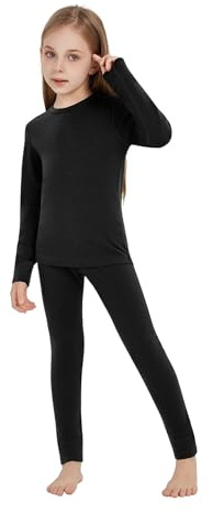 woolcano Biancheria intima termica per bambini, unisex, 100% lana merino, set per ragazzi e ragazze, biancheria intima da sci invernale, calda e confortevole, 260 nero, 11-12