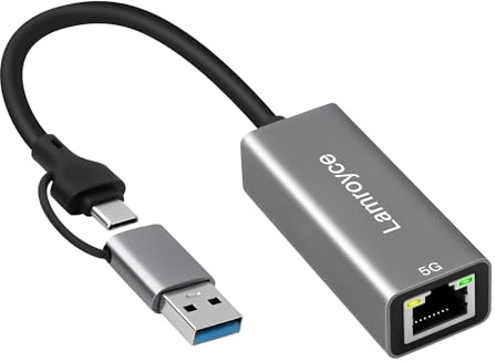 Adaptador USB 3.1 a Ethernet 5G, 2 en 1 (USB-A y USB-C) a Ethernet de 5 Gbps para laptop, tipo C (compatible con Thunderbolt 3/4) a RJ45 adaptador LAN de Internet para Windows, Mac OS, iPad OS