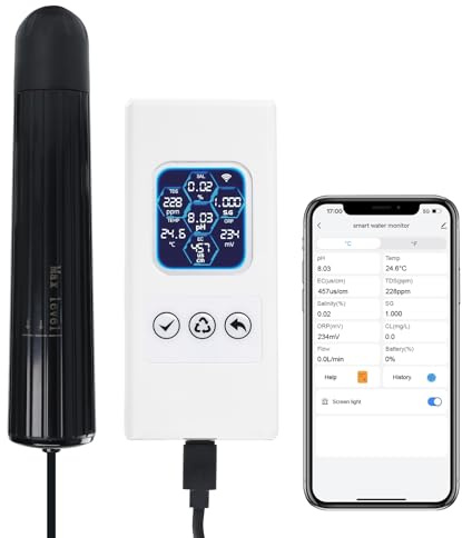 Smart 7-in-1 Aquarium-Wasserqualitätsmonitor mit WLAN, pH ORP TDS EC Salinity Temp Tester - Farbdisplay, App-Steuerung, Echtzeit-Benachrichtigungen, ATC, austauschbare Sonde, alle Tankgrößen