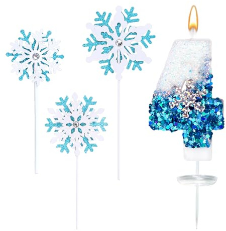 Geburtstagskerzen Zahlen 4, Schneeflocken Kerze 4 Geburtstag, 4 Stück 3D Weiß Blau Zahl Kuchendeko Dekoration mit Funkeln Schneeflocken-Kucheneinsätze, Tortendeko für Geburtstagsdeko