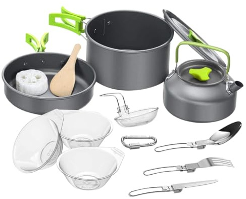 POPETPOP Kit Casseroles Camping Portable Alliage Aluminium avec Revêtement Antiadhésif Ustensiles pour Cuisine Été Extérieur et Pique