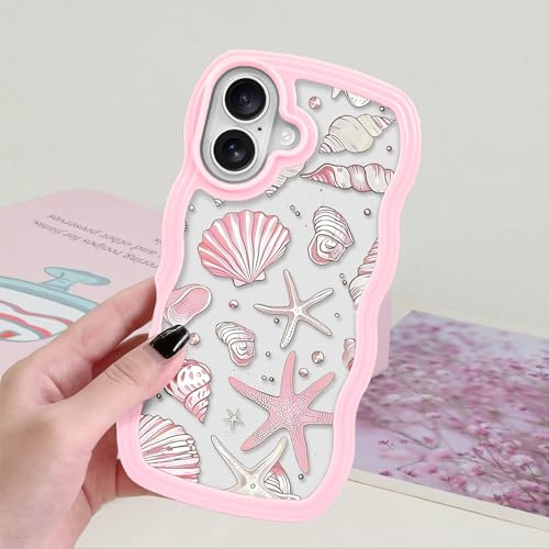 xoniery Cute Case for iPhone 16, Curly Wavy Girly Beach Ocean Seashell Conch Starfish Summer Pretty Phone Case, Soft Wave Clear Slim TPU Shockproof Anti-scratch Cover for Girl/Women/Men - Pink