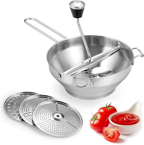 Passaverdure Manuale 33 x 20 cm in Acciaio Inox con 3 Dischi Intercambiabili e Manici Antiscivolo Passatutto con Capacità 917 ml per Purè Marmellate Zuppe e Alimenti per Bambini