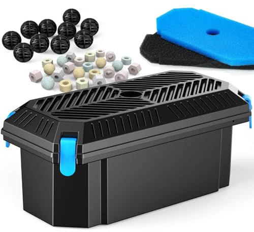 POPOSOAP Teichfilter Box für außen Mittlerer Keine Pumpe | Pumpschutz- und Wasseraufbereitungsset für 350-2000 L kleine Teiche, mit 2 Filtermatten & 20 Bio-Kugeln