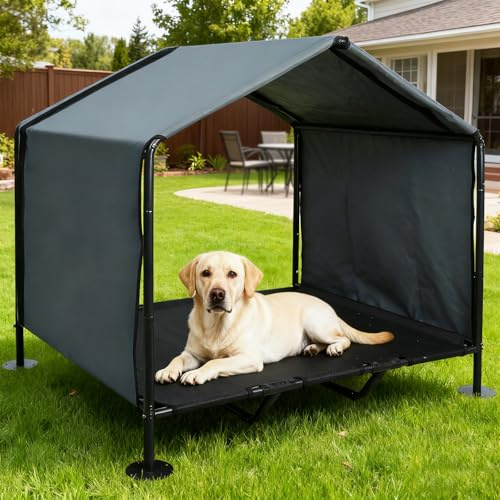 Hundehütte Outdoor mit erhöhtem Bett, großer Hundeschatten für draußen, 2-in-1 wetterfeste Hundehütte für große Hunde, 99,1 cm L x 86,4 cm B x 104,1 cm H