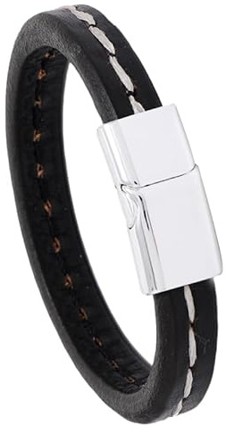 Bracciale Rigido Da Uomo In Pelle Di Vacchetta Nera Con Motivo Semplice In Filo Da Cucito, Bracciale Rigido In Pelle Con Chiusura Magnetica, Accessori Creativi Per Gioielli Hip-Hop Punk, Bianco, 20,