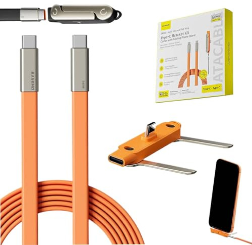 Detachable Invisible Holder Charger, 2 in 1 Sideways Typec-c Fast Charging Cable, 240w Braided Fast Charge Cable With Built-in Phone Stand for Gaming, Office, And Car Use (Orange)