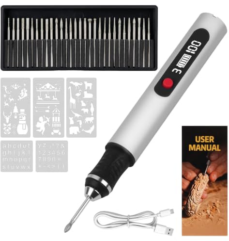 Bolígrafo Grabado Eléctrico Inalámbrico con 30 Bits Mini Pino de Grabado Portátil Regulador 3 Velocidade USB Carga para para Metal, Madera, Vidrio, Joyería y Manualidades