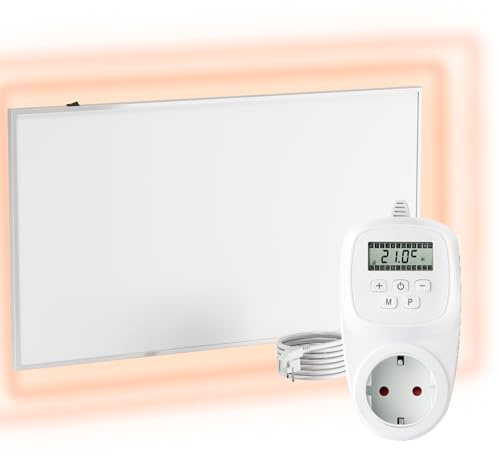 VIESTA® Pannello Riscaldante a Infrarossi con Termostato [INCL. TERMOSTATO TH12] – Radiatore a Infrarossi–Riscaldamento a Infrarossi con Tecnologia Carbon Crystal – Pannello Adatto per il Bagno – 450W