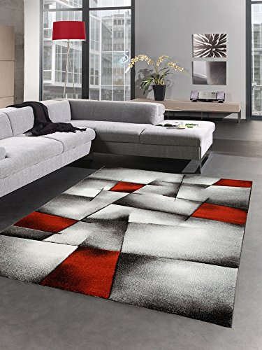 CARPETIA Teppich Abstraktes Karomuster Rot Grau Schwarz 60x110 cm | Weich, pflegeleicht, strapazierfähig, mit Konturenschnitt, OEKO-TEX geprüft, für Fußbodenheizung, Wohn- & Schlafräume