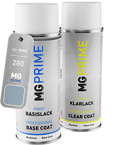 MG PRIME Autolack Spraydose für BMW 280 Gletscherblau Metallic + Klarlack | Glacier Blue Metallic, Set aus Basislack + Klarlack, Sprühdosen 400ml