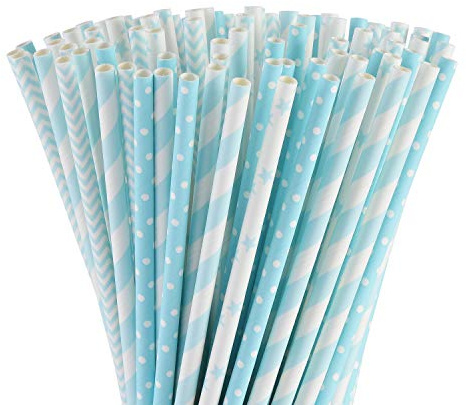 ALINK Biodegradable Light Blue White Paper Straws, Pack of 100 Party Straws for Juice, Cocktail, Smoothies, Birthday, Wedding, Bridal/Baby Shower and Christmas Decorations Supplies