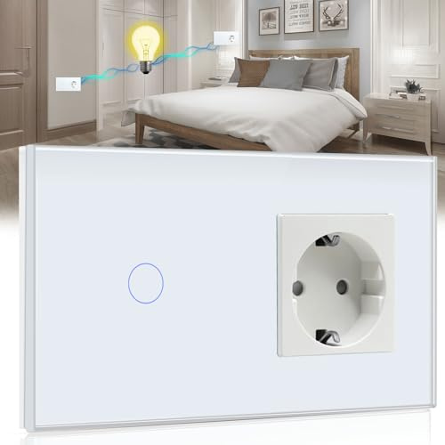 BSEED Touch Lichtschalter mit Steckdose mit LED Anzeige 1 Fach 2 Weg Berühren Sie Das Sensorfeld Touchscreen Wandsteckdosen LED Lamps Weiß(Nicht Smart Schalter)