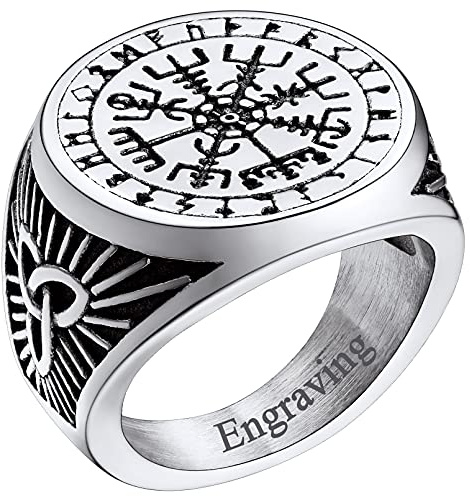 FaithHeart personalisierter Damen Herren Vegvisir Fingerring Vintag Kompass Fingerring Retro Skandinavischer Ring mit Geschenkebox für Weihnachten Geburtstag