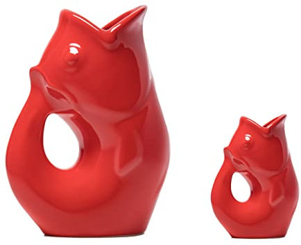 Gurgle Pot Fischkrug - Set mit 2 Stück, leuchtend rot, französisch inspiriertes Design, großer Krug 1,2 l mit passenden 3 Milchkännchen, perfektes Geschirr für drinnen oder draußen, flüssige Unzen und