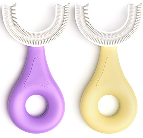 YOTEE U-Shaped Toothbrush Kids 2 PCS - Toddler Toothbrush with Food Grade Soft Silicone Brush Head, Manual Whole Mouth Tooth Brush for Kids Age 2-6(Purple+Yellow)