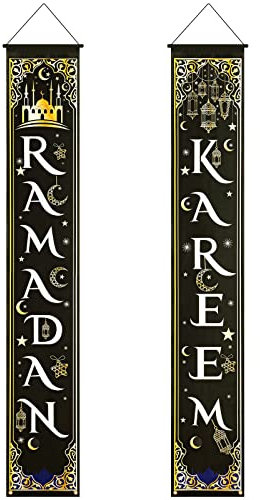 Ramadan Kareem Veranda Banner Islamische Ramadan Banner Dekoration Muslimisches Eid Veranda Zeichen Hängendes Ramadan Kareem Couplet aus Polyester für Outdoor Haustür Mubarak Party Dekor
