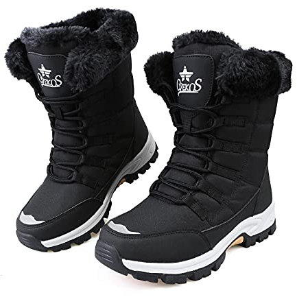 KUWIBY Winter Boots Women Snow Boots Waterproof Non-Slip Comfy Flats Warm Fur Lining Booties Ladies Outdoor Soft Lightweight Lace Up Walking Shoes Size 8 Black