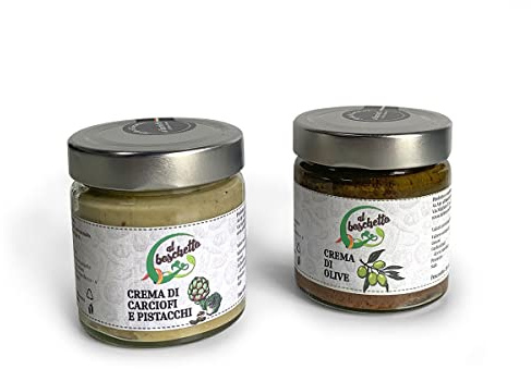Crema de Alcachofas y Pistachos y Crema de Aceitunas Al Boschetto, 100% natural, MadeinItaly, Km0, 2 botes de 200 gr cada uno.