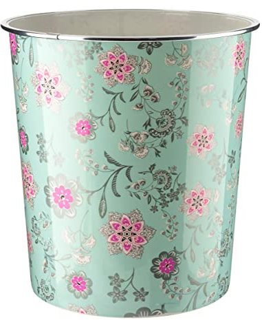 Homeshopa Plastic Waste Paper Basket Bin, Floral Retro Round Trash Can, Lightweight Recycling Rubbish Bin for Kitchen, Bedroom, Bathroom, Open-Top Garbage Dustbin, 7.7 Litre (Green Floral 4)