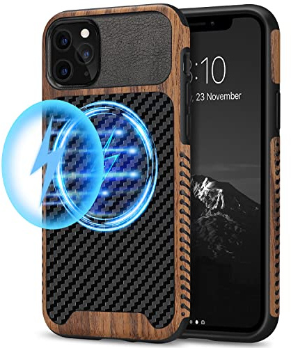 TENDLIN Coque Magnétique Compatible avec iPhone 11 Pro Max Etui Hybride en Bois et Carbone et Cuir Compatible avec MagSafe (Noir)