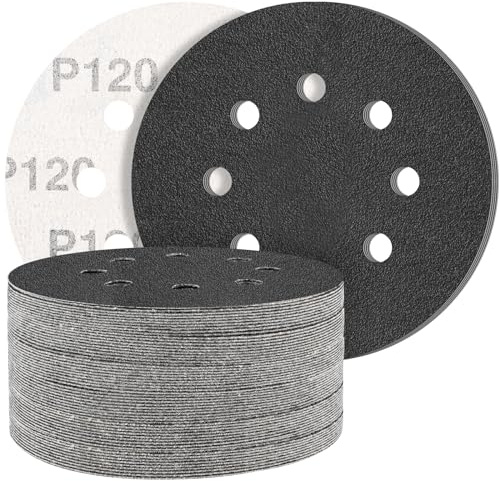 STEBRUAM Discos de Lija de 125mm,50 Piezas Hook and Loop Papel de Lija Abrasivos Papel de lija de carburo de silicio 120 Granos para Lijadora Orbital Excéntrica