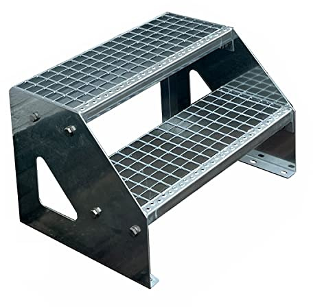 Premium Caillebotis Acier Escalier à Limon 2 Marches Autoportant Entièrement galvanisé - Dimensions (L x l x H) 44cm x 120cm x 38cm Résistant aux intempéries et protégé Contre la Corrosion
