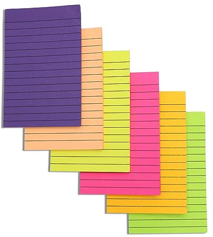 6er-Pack Haftnotizen, bunt, liniert, 10,2 x 15,2 cm, abnehmbarer, selbstklebender Notizblock für Büro, Zuhause, Schule, 50 Blatt