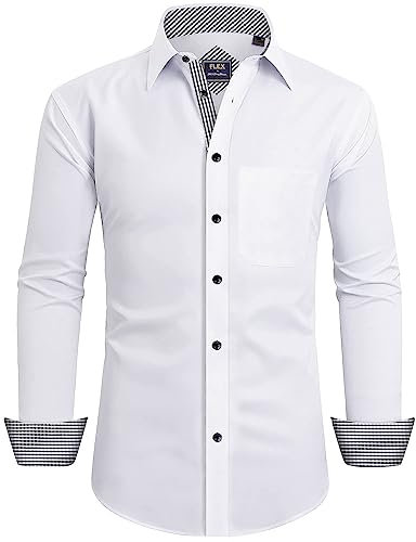 siliteelon Mens Shirts Regular Fit White Dress Shirt Constrast Stretch Formal Wrinkle Free with Pocket Work Wedding Interviews Graduation Button Down Shirt for Men M