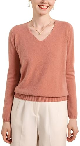 DISSA Damen Kaschmir Pullover Rosa V-Ausschnitt Langarm Strickpullover Damen Kaschmir Wolle Einfarbige Relaxed Dünner Pullover,42,MZ2010