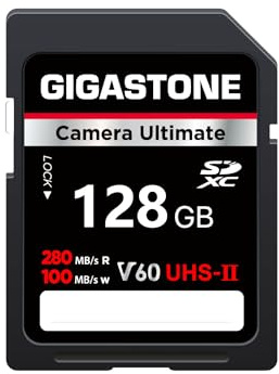 【5 Años Recuperación de Datos Gratis】 GIGASTONE UHS-II V60 128GB Tarjeta SD Cámara Ultimate hasta 280/100MB/s, U3 4K Ultra HD UHD Video, Canon, Kodak, con 1 Minicaja