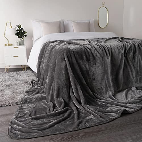 Luxury Faux Fur Throw Over Sofa Bed Mink Soft Warm Fleece Blanket (Grey, King 200cm x 240cm)