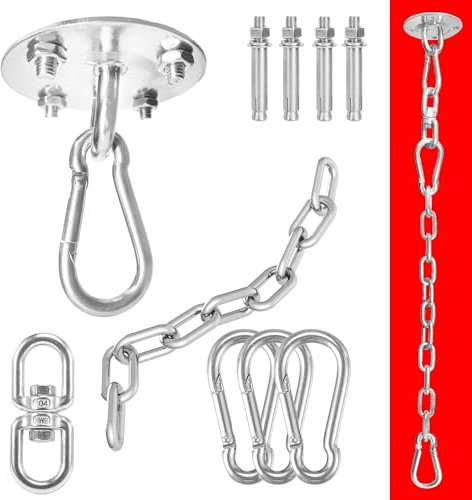 XENVIO Deckenhaken Schwerlast Set für Hängesessel, Hängematten - 400kg Kapazität mit 3X Karabinern, 1x Schwerlasthaken mit 360° Rotation & 30cm Verlängerungskette - Kompatibel mit Betonoberflächen